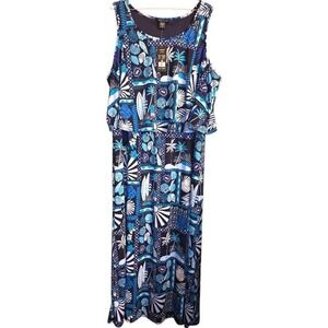 Robert Louis 3X Maxi Dress Blue Combo Palm Print Sleeveless